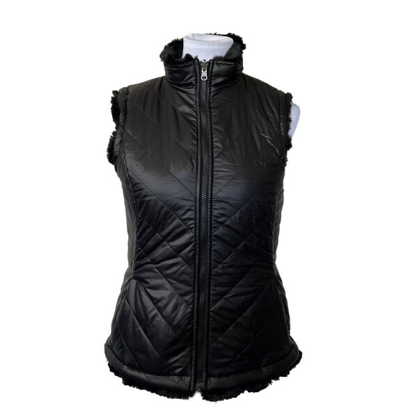 Nicole Miller Womens Black Faux Fur Quilted Reversible Sleeveless Vest Small - Picture 2 of 14